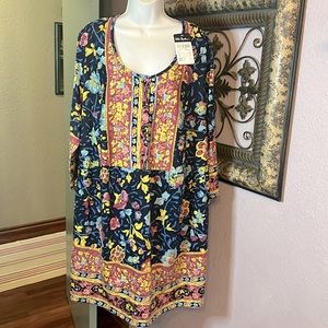 NWT Ulla Popken Boho Dress - blue floral/ long sleeved Sz 24/26